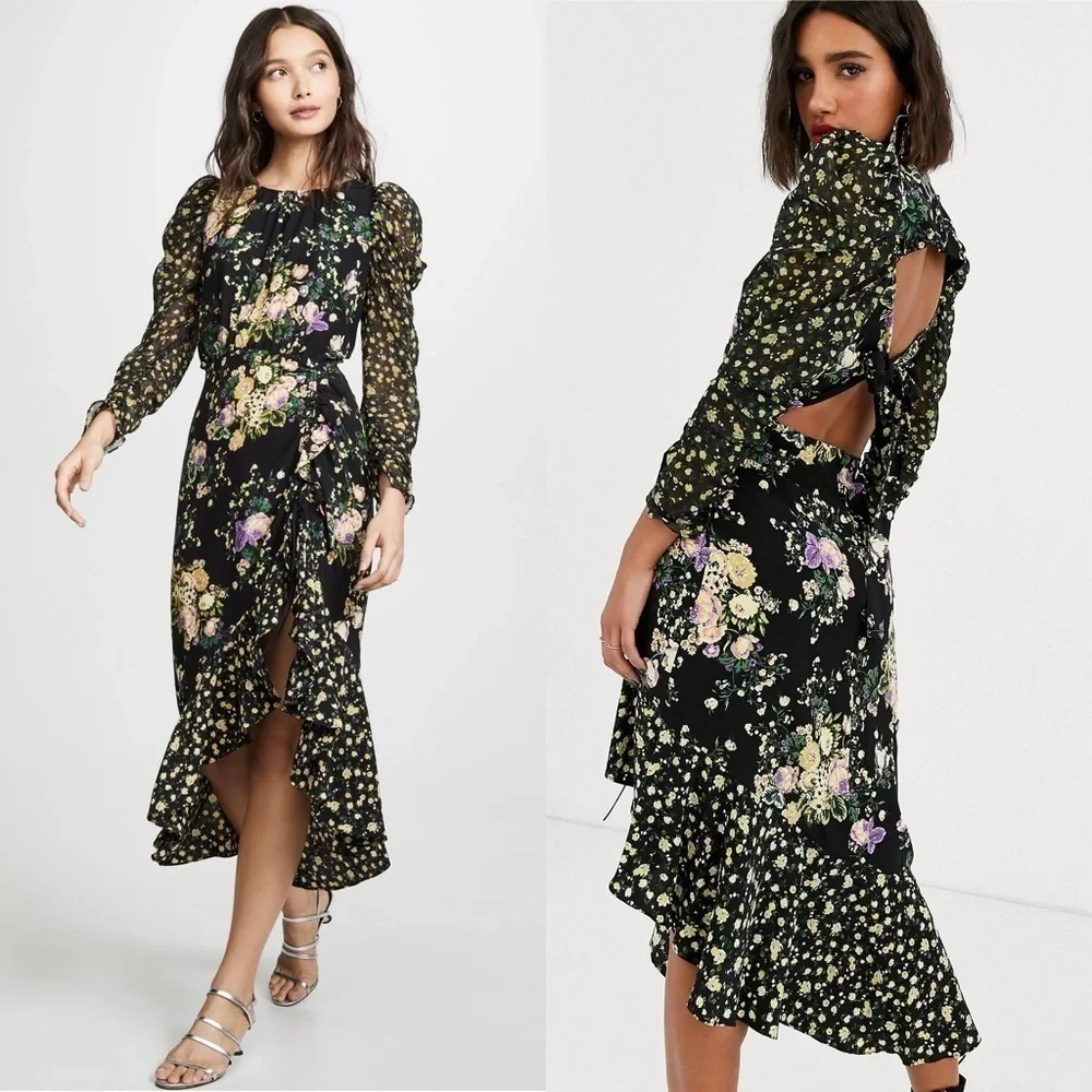 FOR LOVE & LEMONS Floral Long Sleeve Cutout Tie Back Ruched Ruffle Midi Dress XS